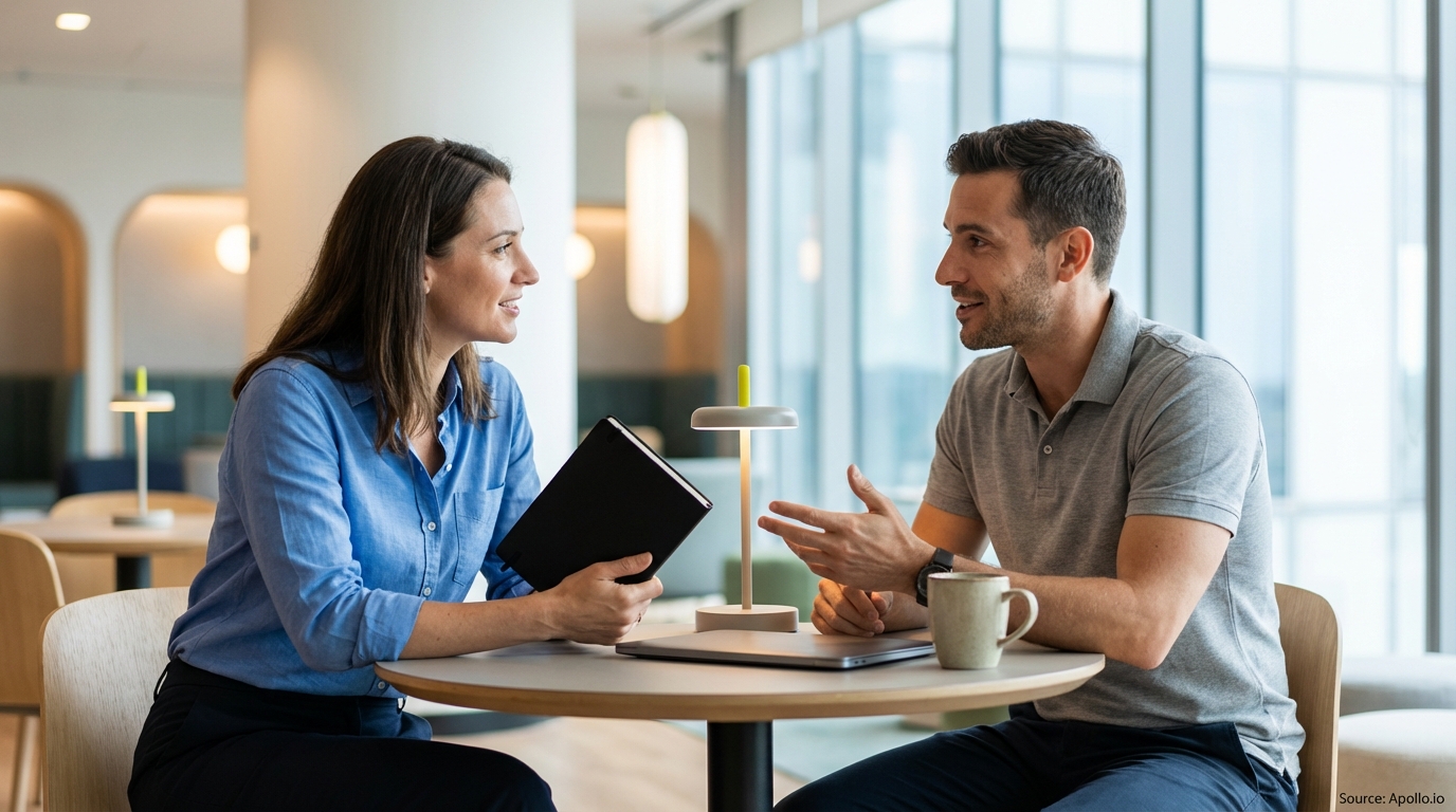 Two colleagues discuss at a modern office table with a laptop and notebook.