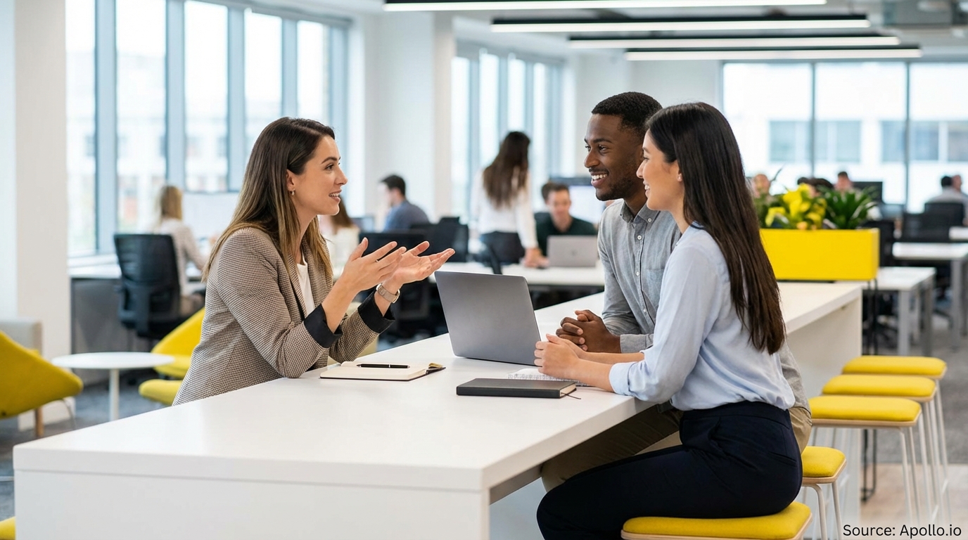 Three colleagues discussing around a laptop at a bright, modern office table.
