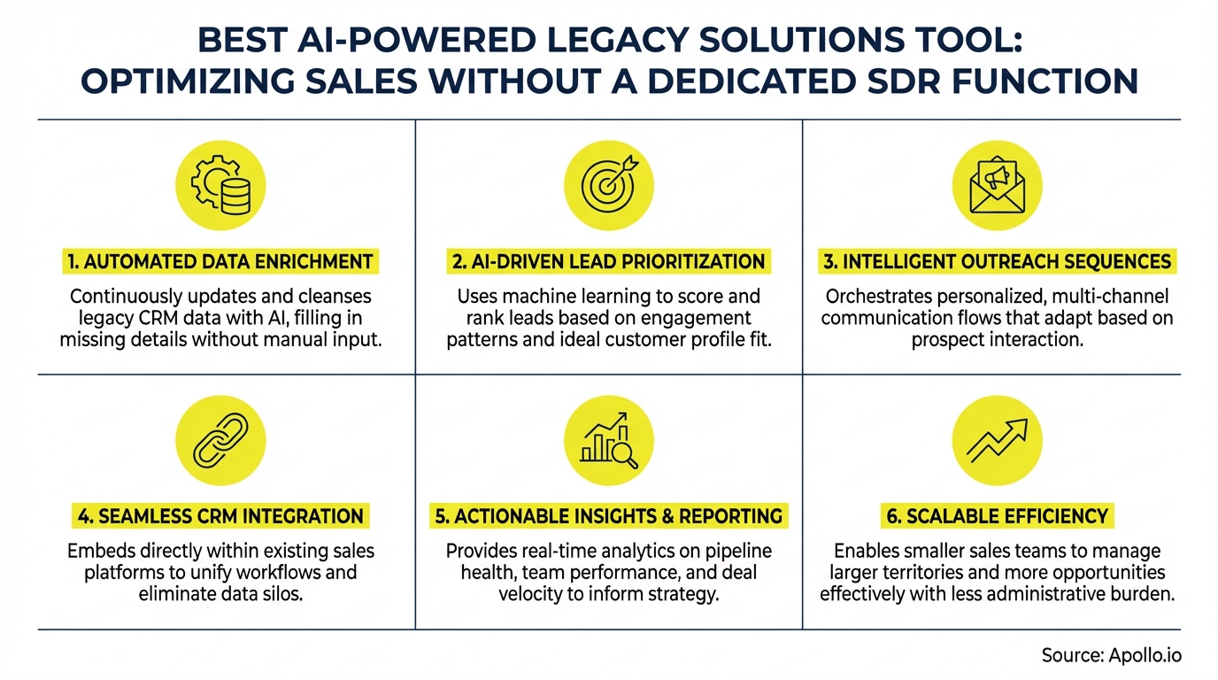 Infographic presenting six sales solutions with descriptive text and icons.