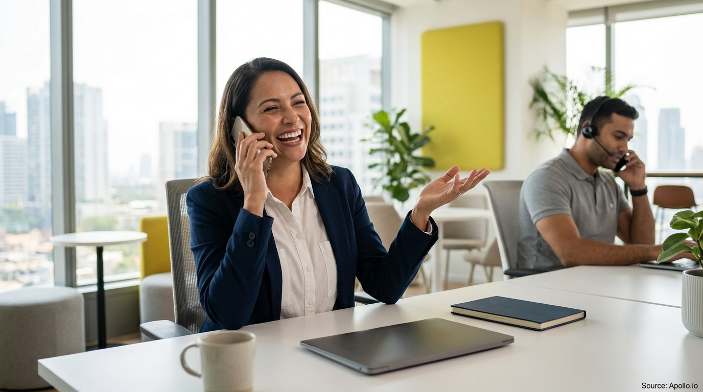 Two professionals on calls in a modern office: a woman laughs, and a man works on a laptop.