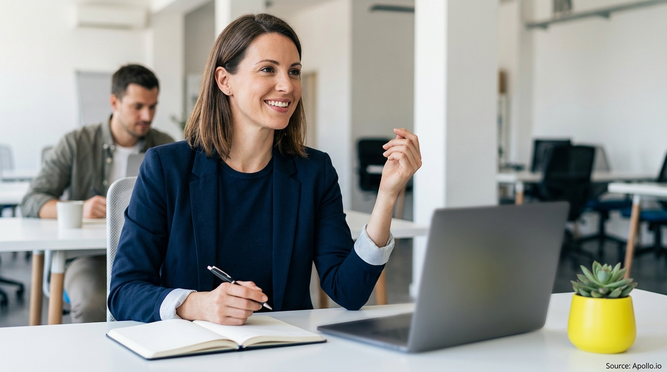 Smiling woman works on laptop and notebook in an office, a man works in the background.