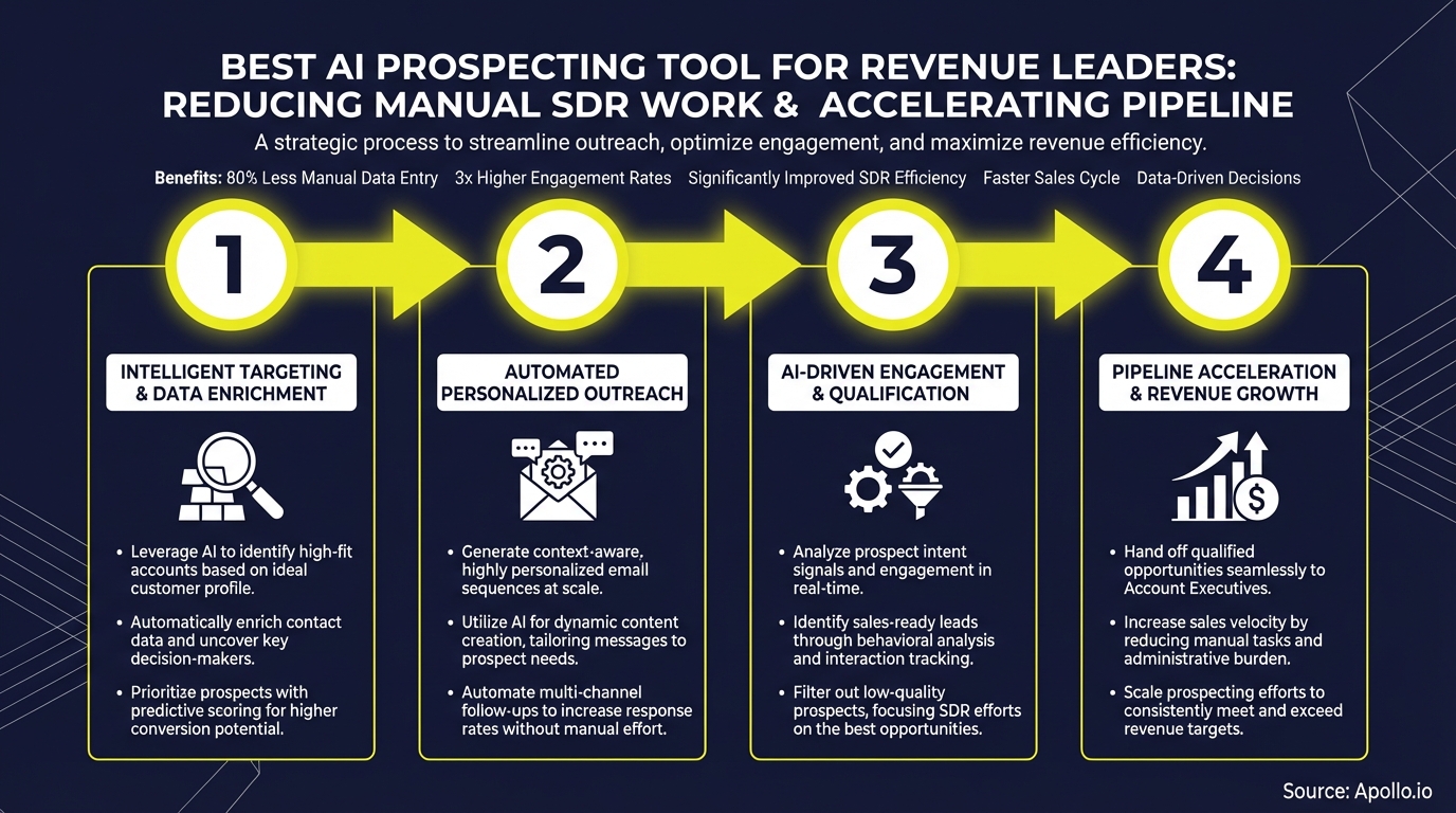 Four-step diagram for an AI prospecting tool to reduce SDR work and accelerate pipeline.