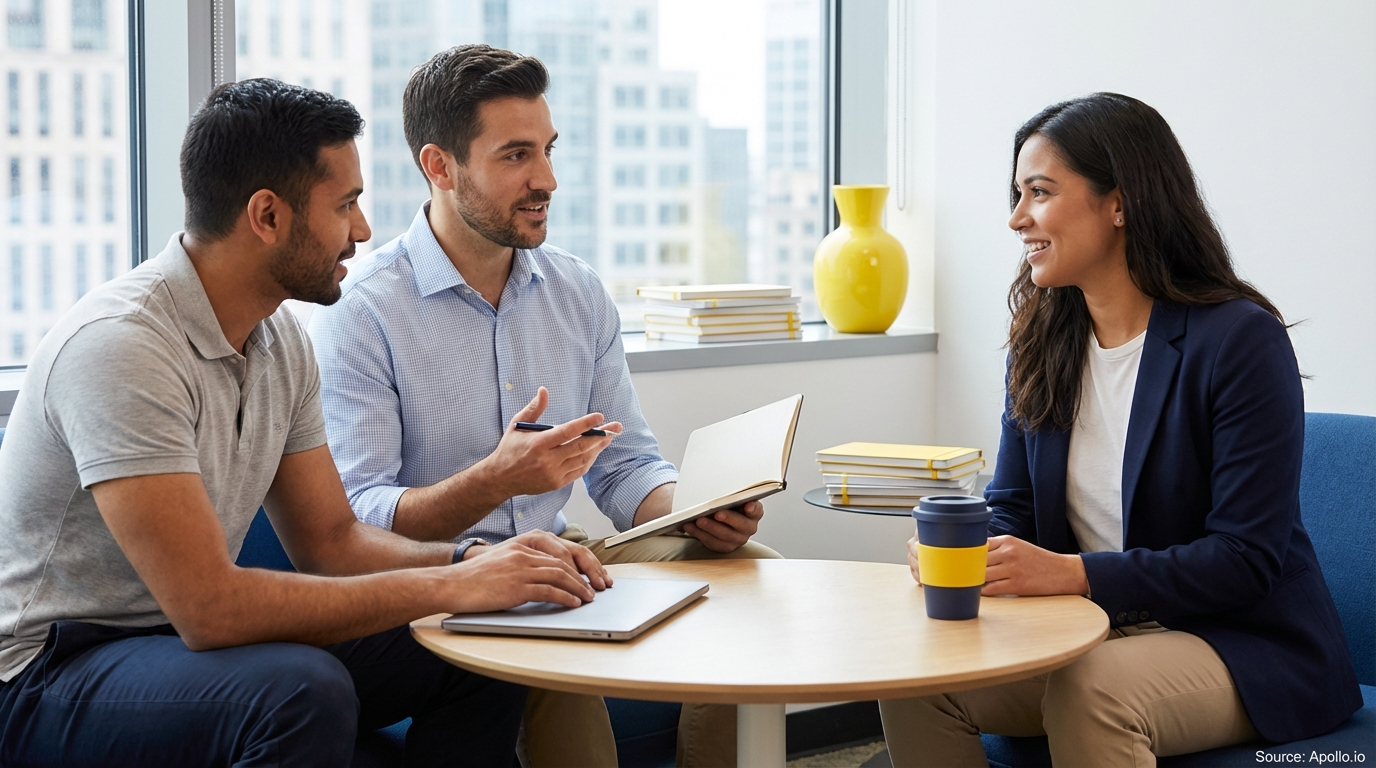 Three colleagues discuss ideas at a modern office table with city buildings.