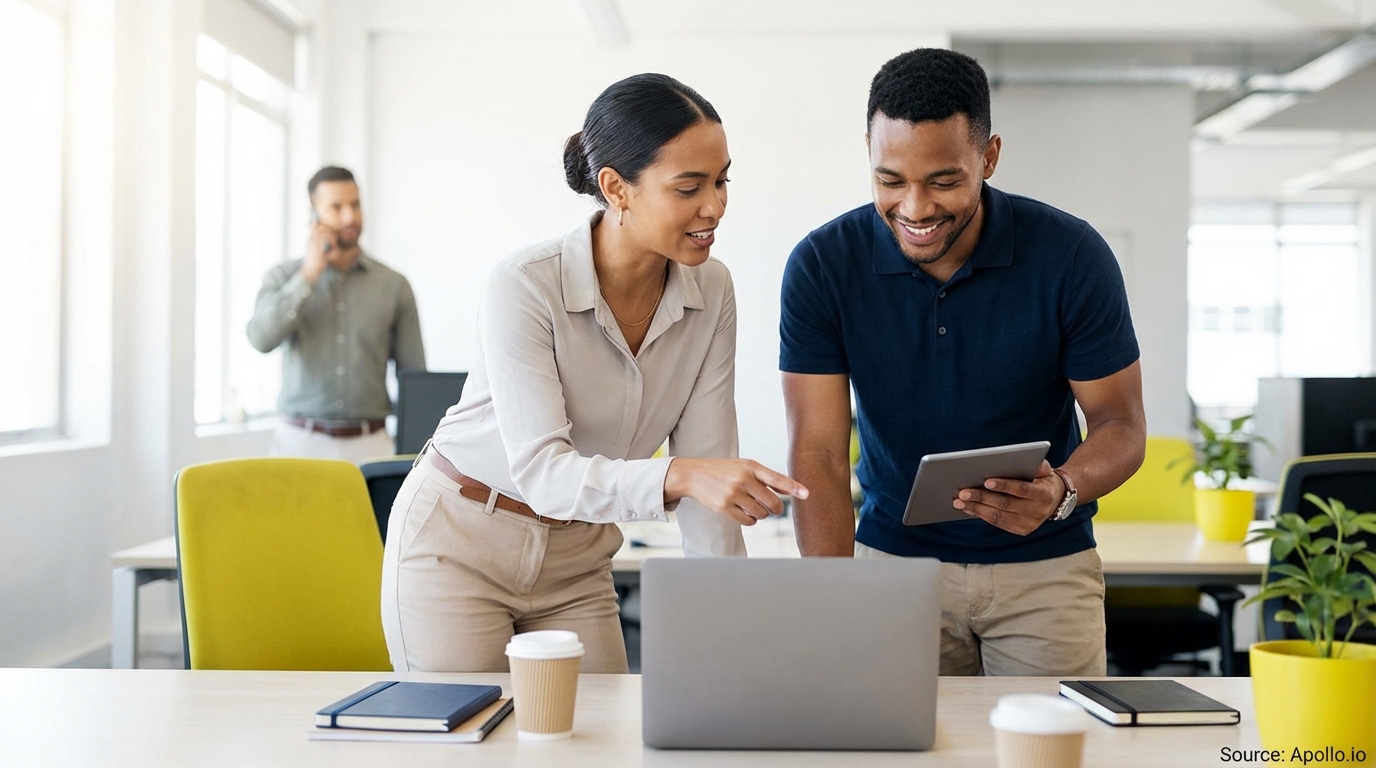 Two smiling colleagues collaborate on a laptop, while another talks on the phone in a bright modern office.