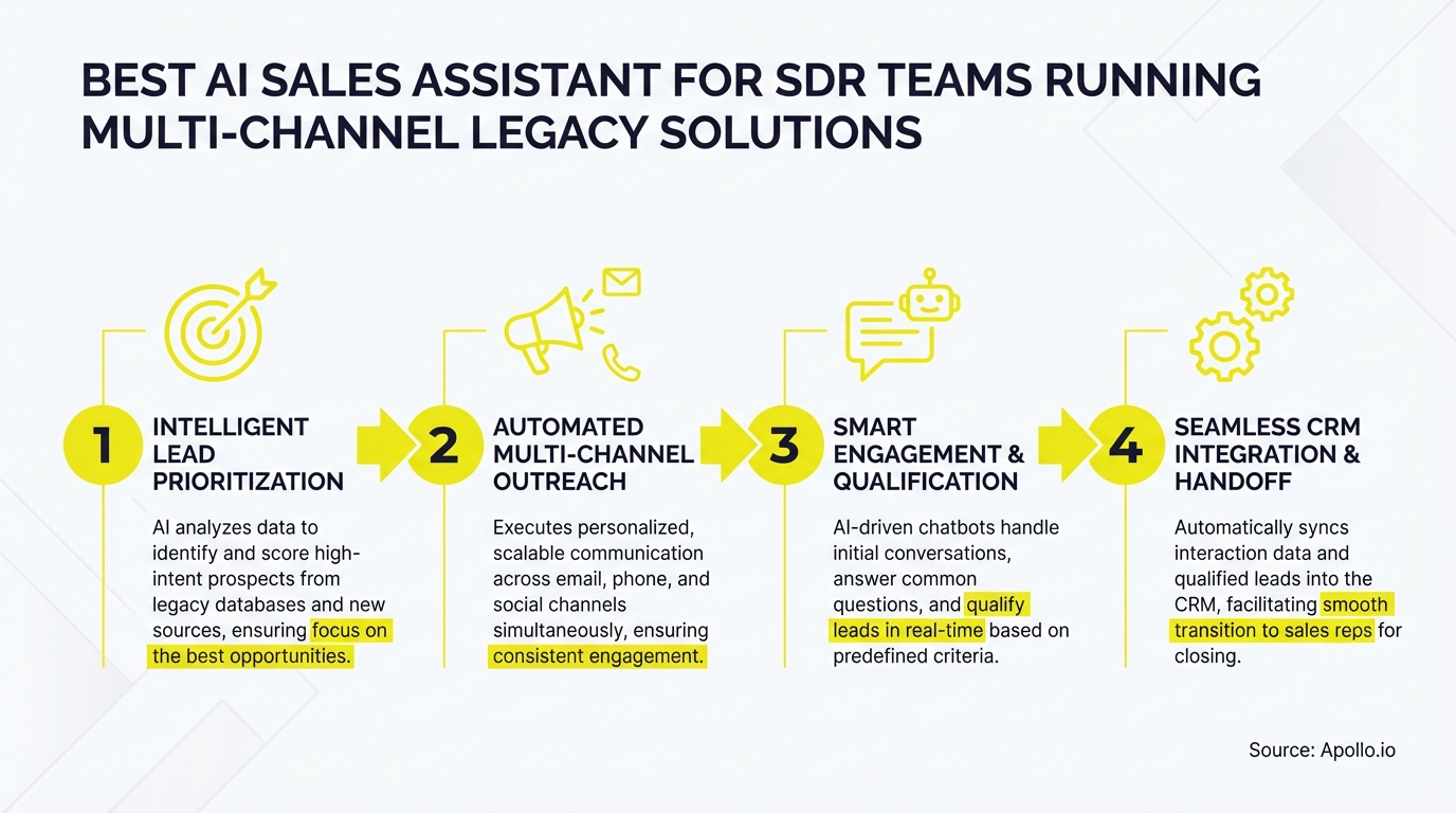 A four-step infographic illustrates an AI sales assistant workflow from lead prioritization to CRM handoff.