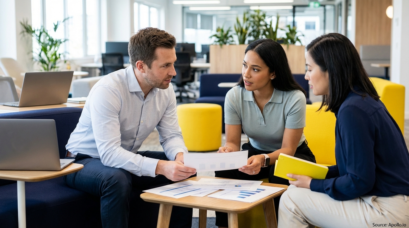 Three professionals discuss data on documents in a vibrant, modern office lounge.