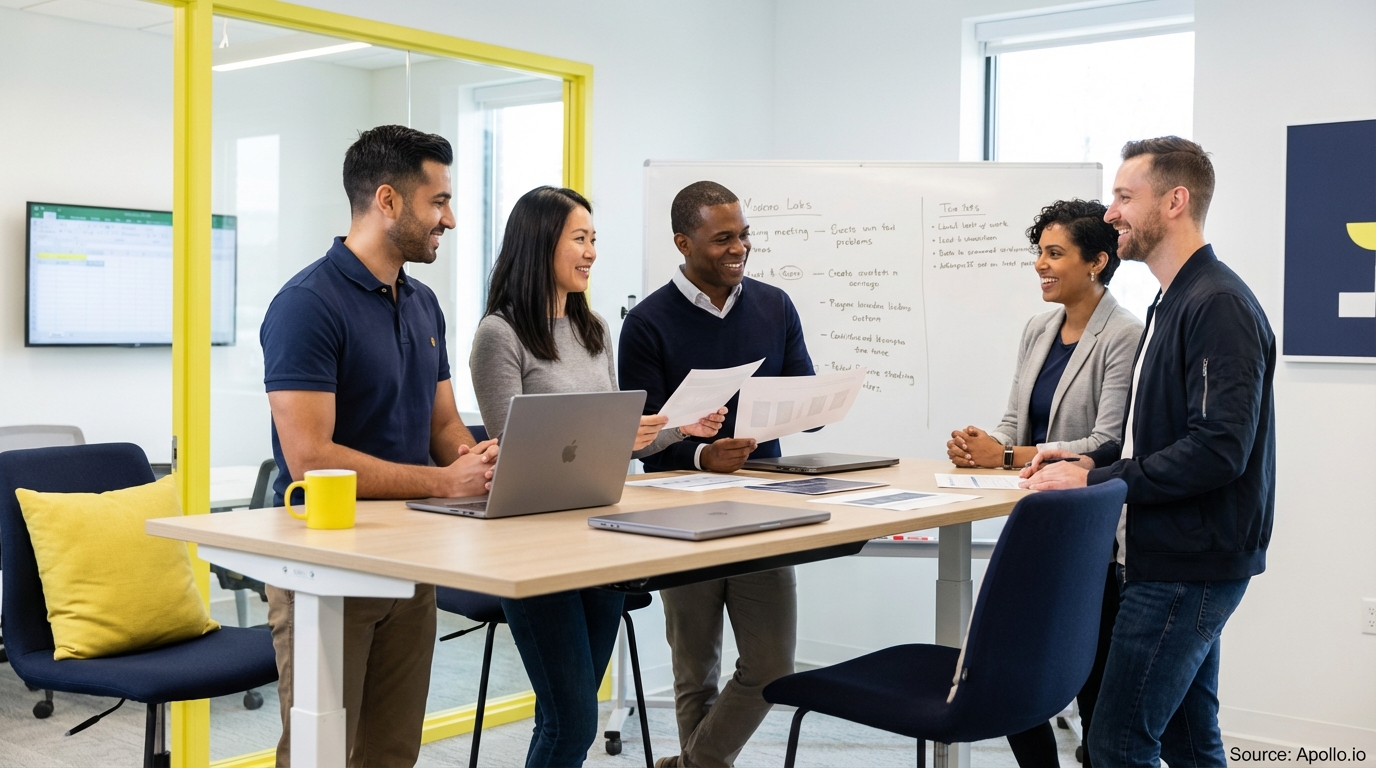 Sales team collaborating in a modern open-plan office evaluating sales technology options