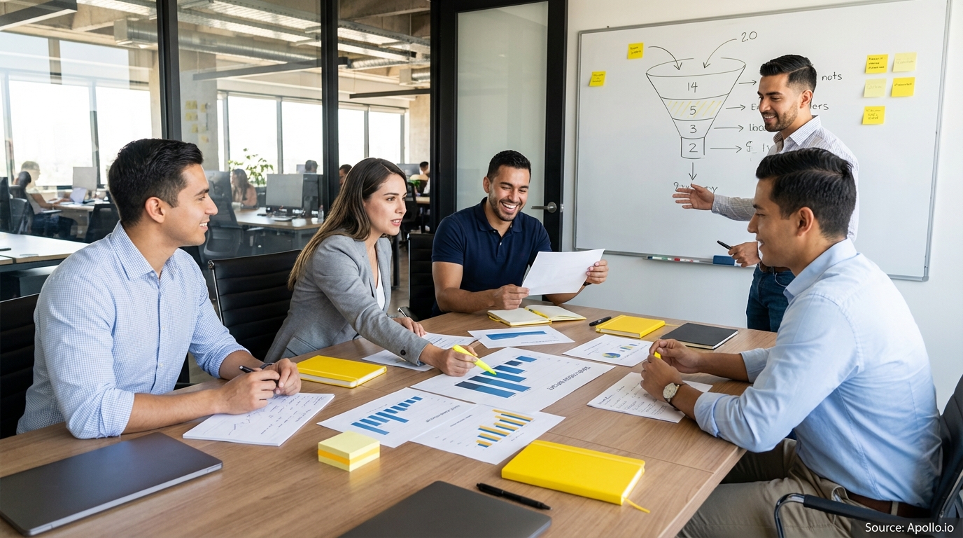 Sales professionals discussing strategy around a conference table evaluating sales technology options