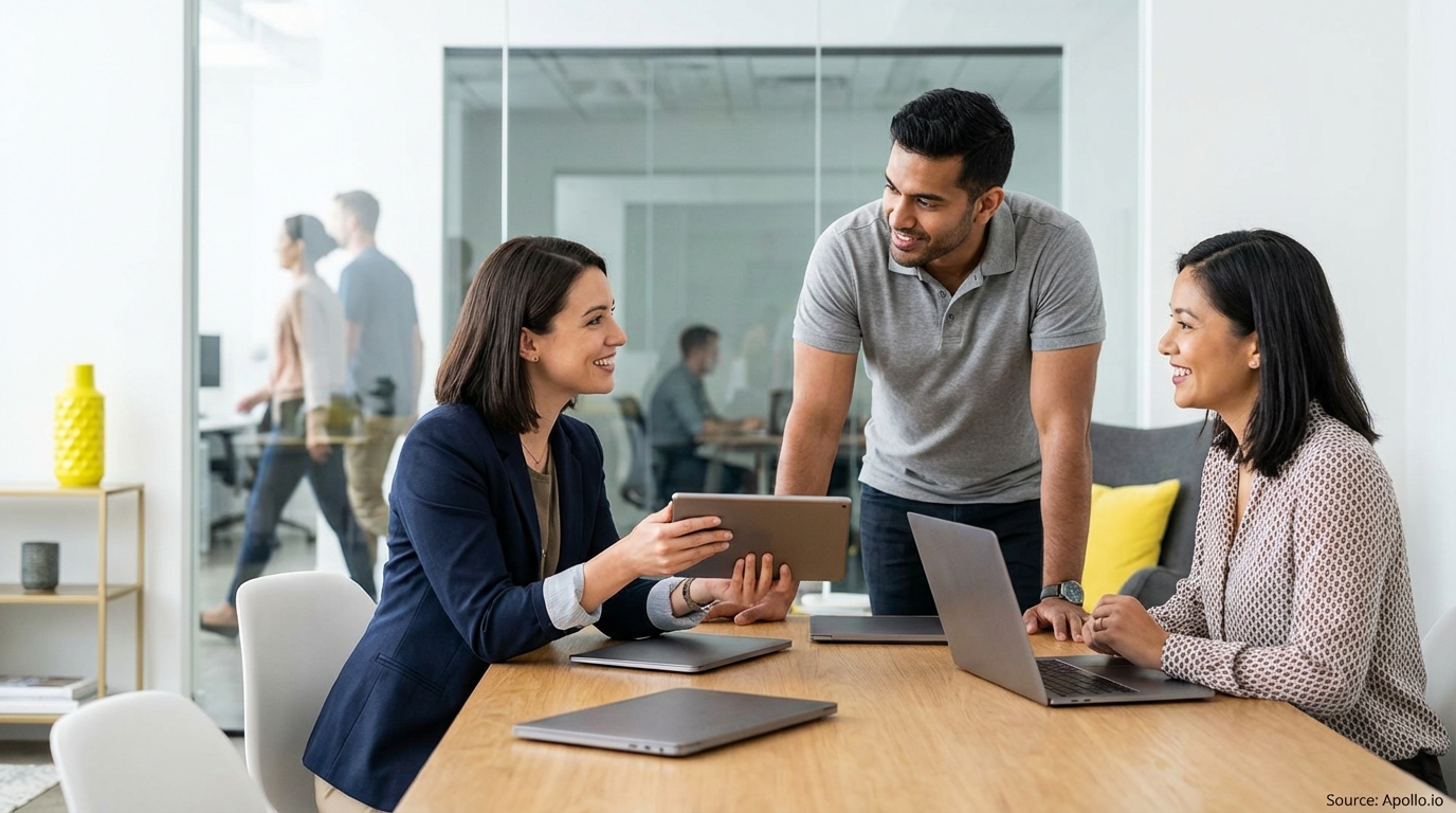 Three colleagues collaborating at a wooden table with tablets and laptops.
