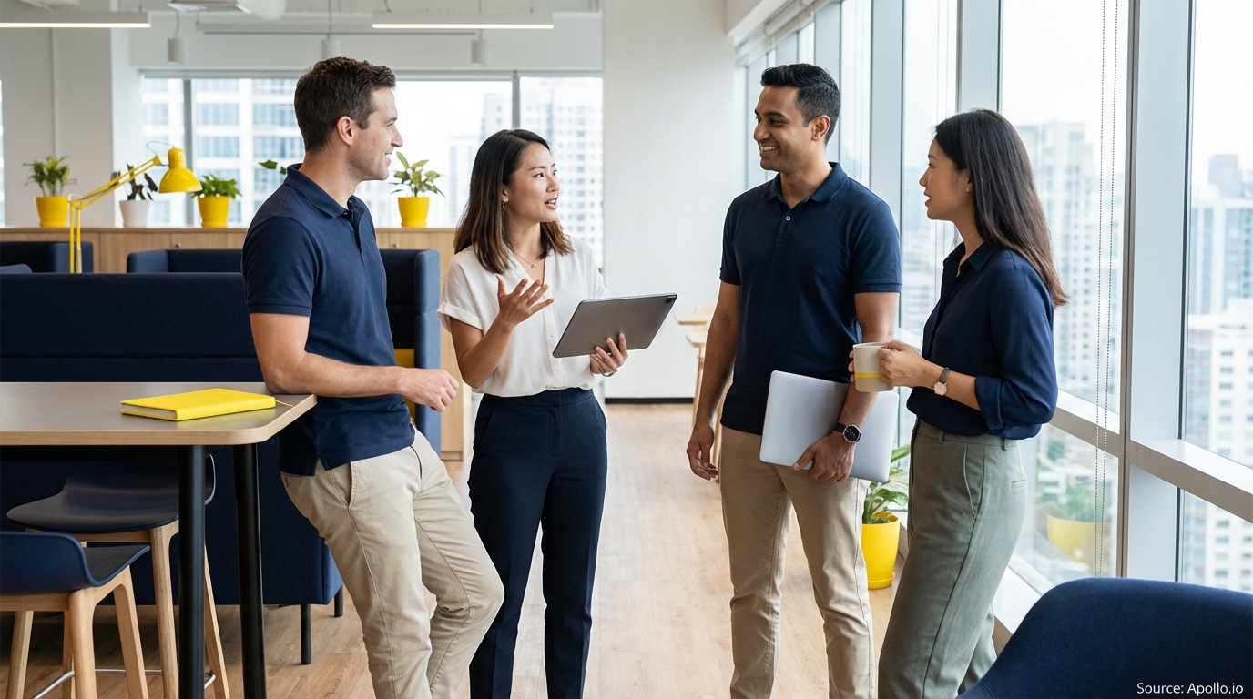 Four professionals standing and discussing in a modern, bright office with city views.