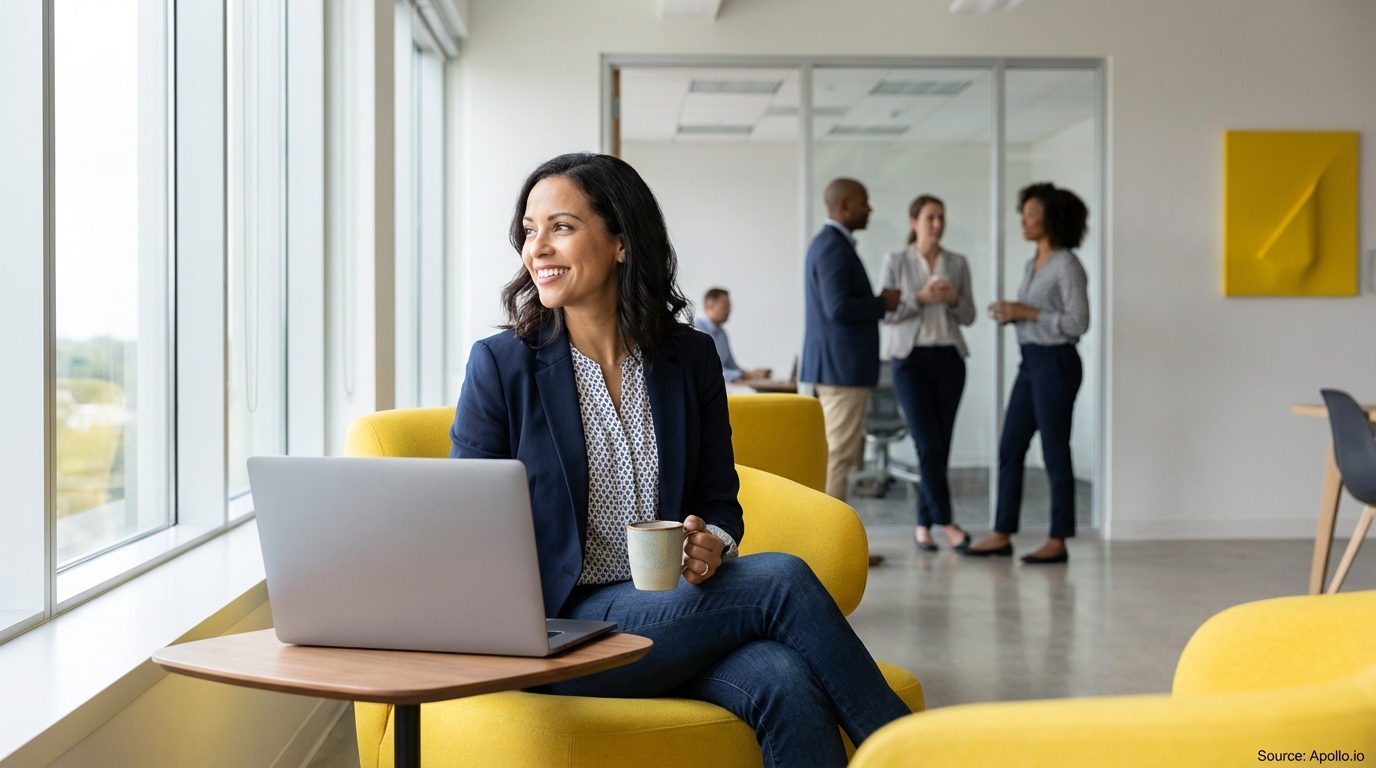 Five colleagues in a modern office; one woman smiles by a window with a laptop.