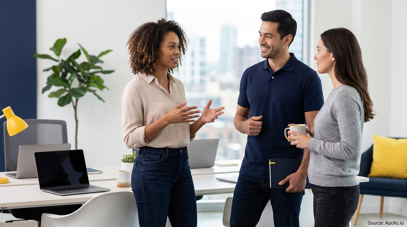 Three colleagues discuss work in a bright office with laptops and a city view.