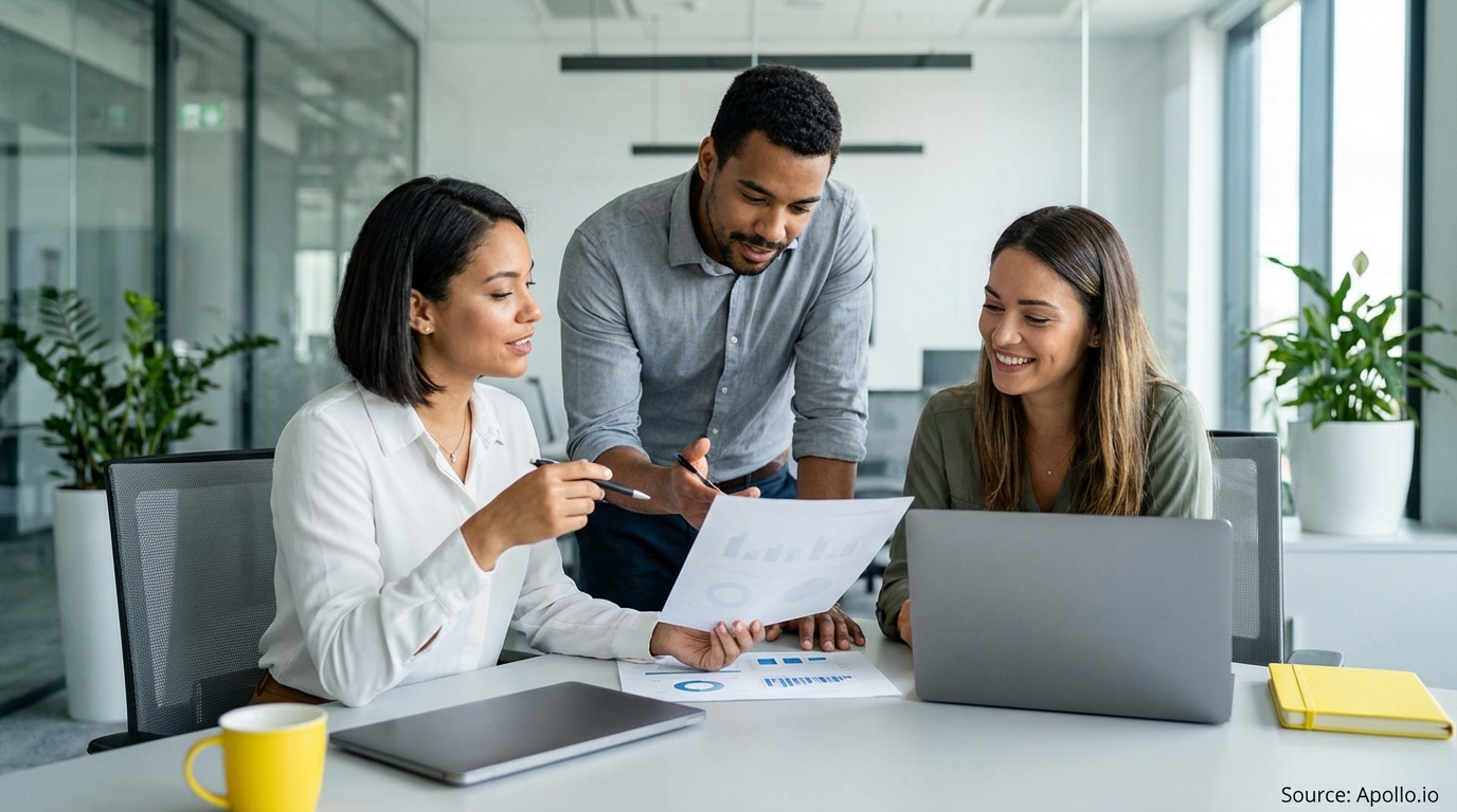 Three professionals discuss documents and a laptop at a modern office table.