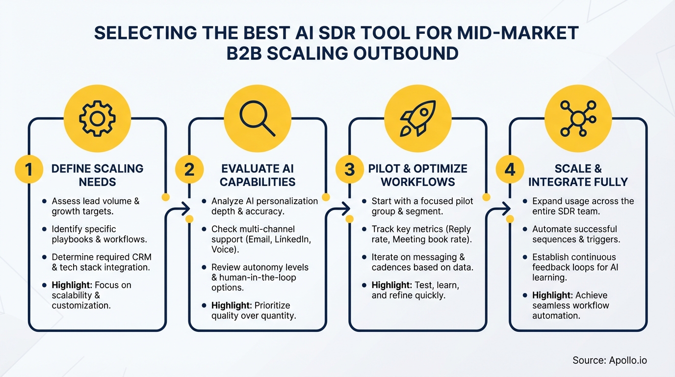A four-step flowchart with numbered boxes and icons explaining AI SDR tool selection.