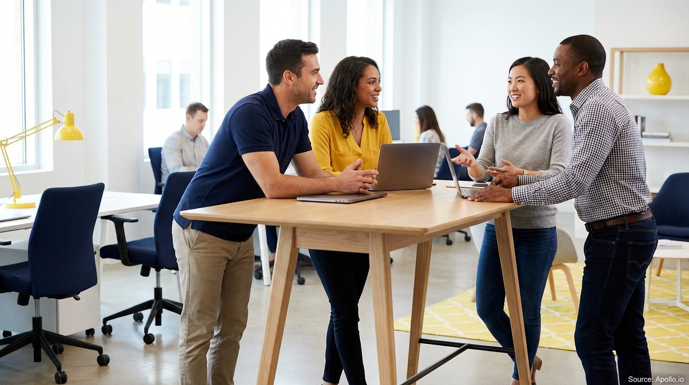 Four smiling professionals collaborate around a standing table with laptops in a modern office.