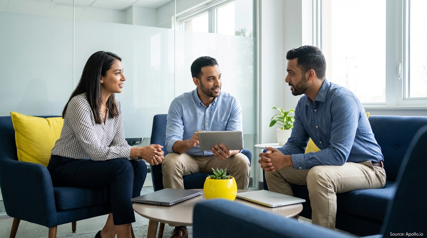 Three colleagues converse in a bright office lounge, one showing a tablet.