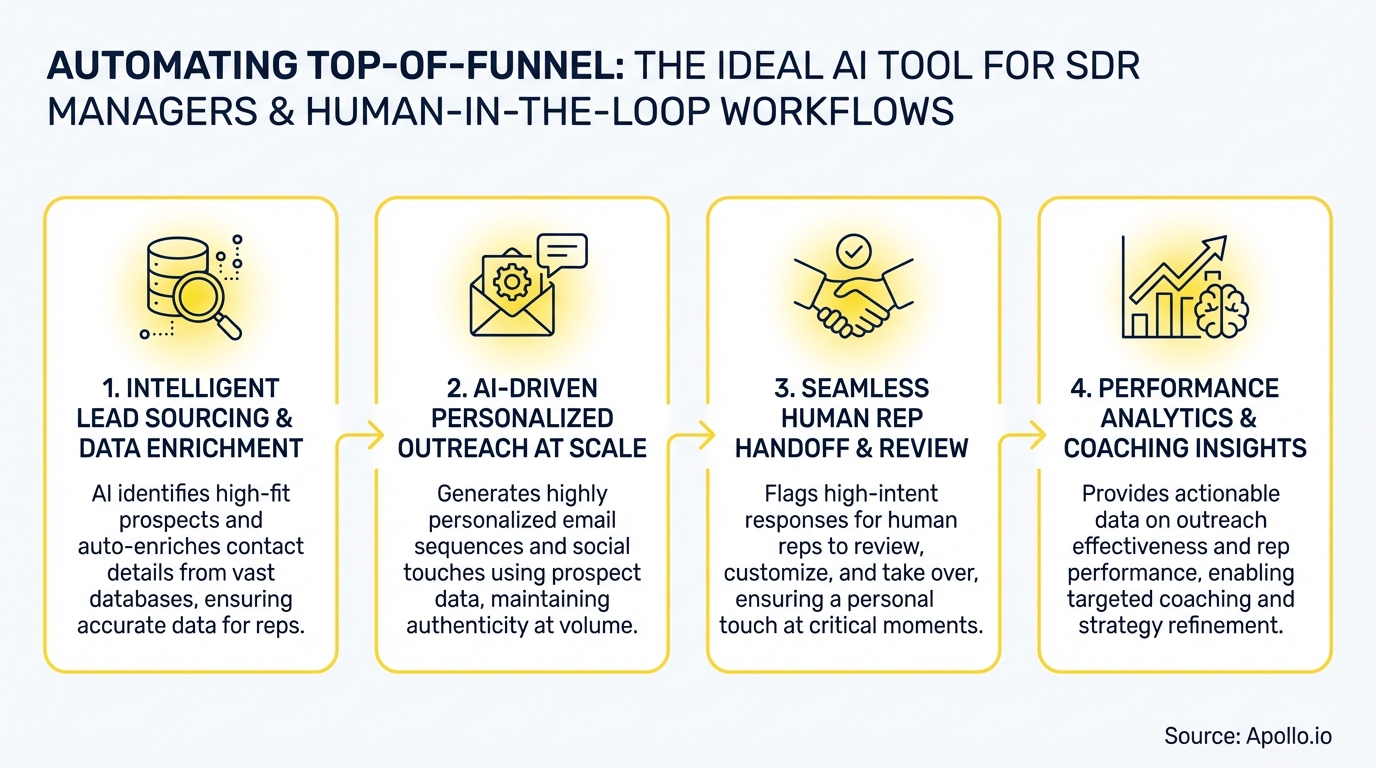 Flowchart showing AI lead sourcing, personalized outreach, human rep handoff, and performance analytics.