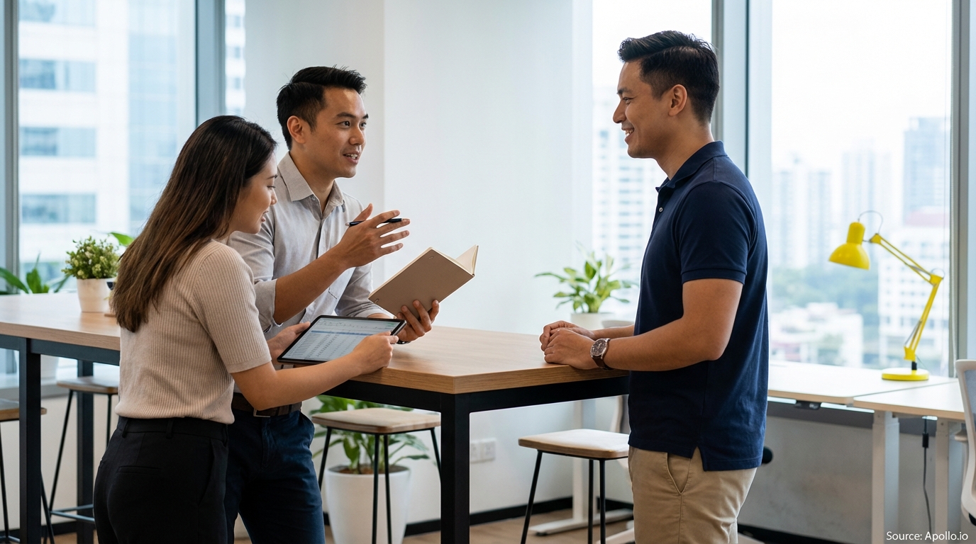 Three professionals discuss strategy using a tablet and notebook at a modern office table.
