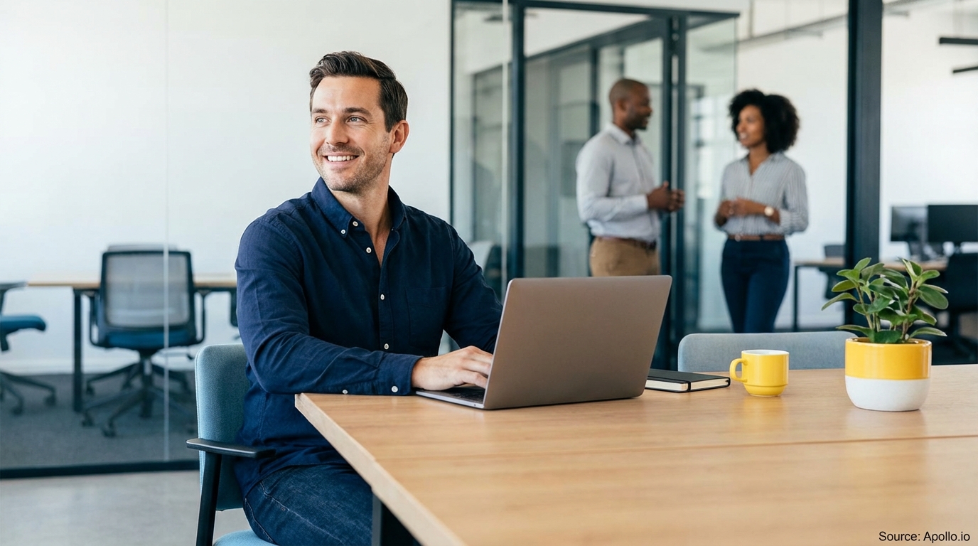 Smiling man types on laptop at desk, looking left, with two colleagues talking in a modern office.