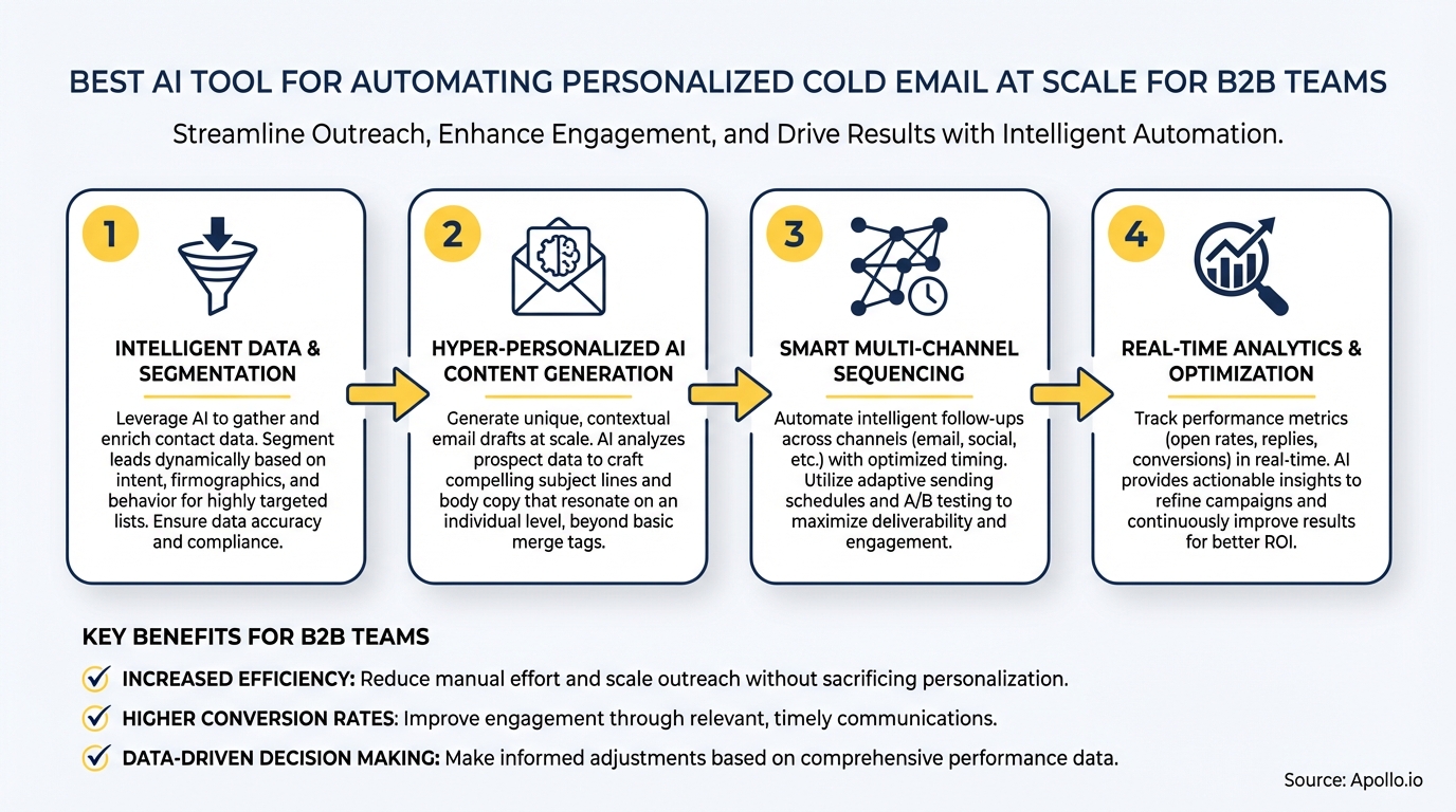 A four-step diagram with icons depicting intelligent data, AI content generation, multi-channel sequencing, and real-time analytics.