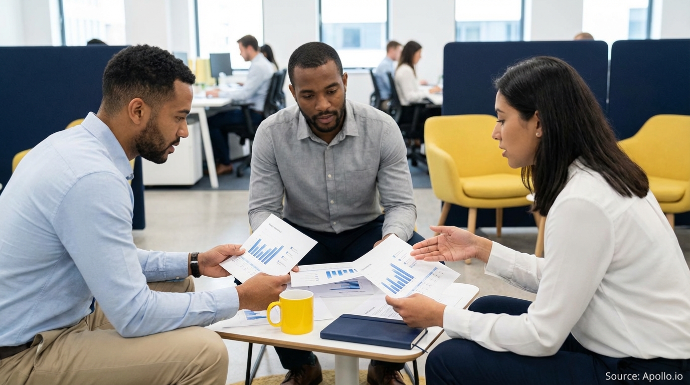 Three professionals discuss charts at a small table in a modern office.