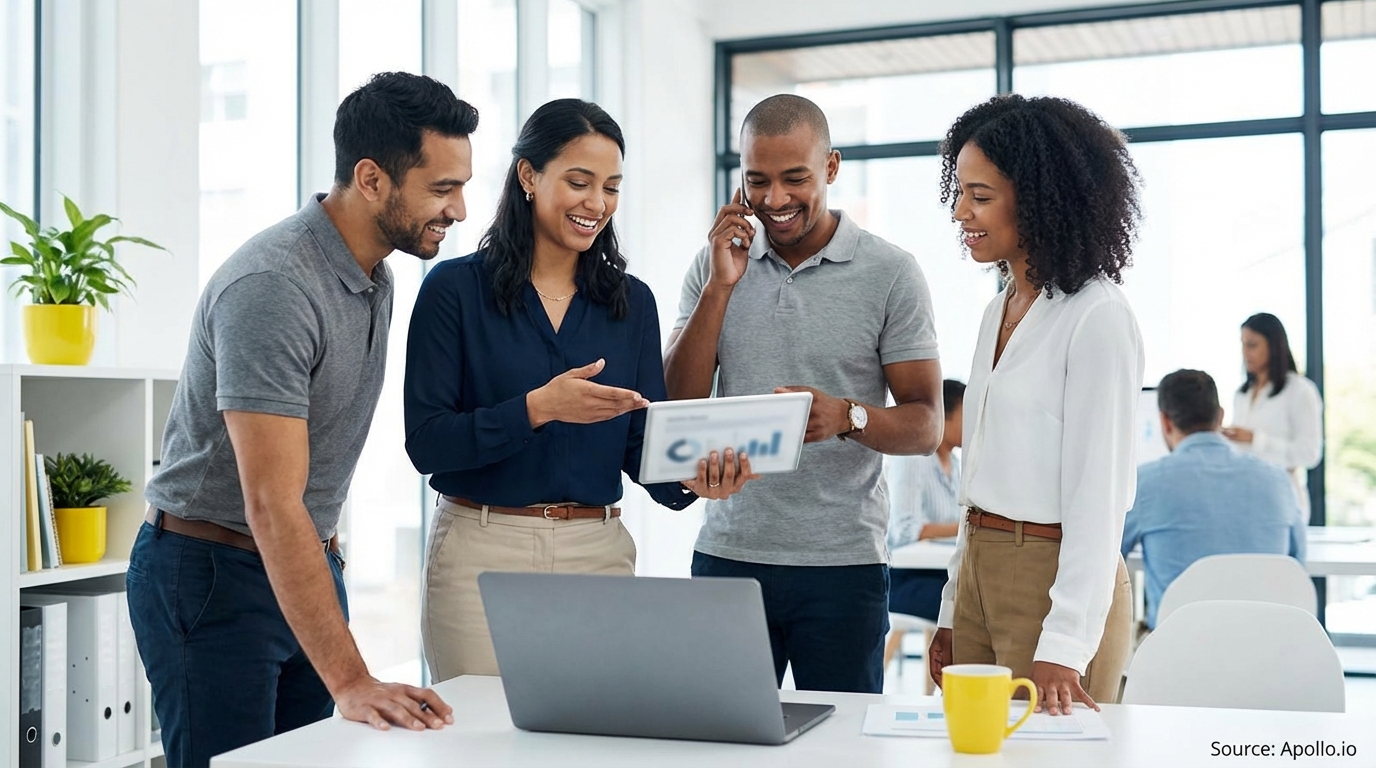 Diverse team discusses reports on a tablet and laptop in a modern office.