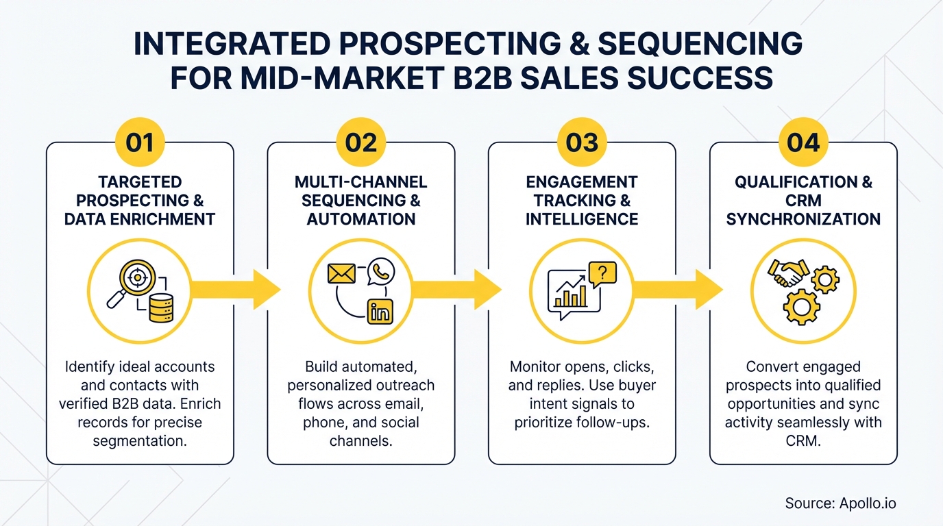 Infographic illustrates a four-step process for integrated B2B sales prospecting, sequencing, tracking, and CRM.