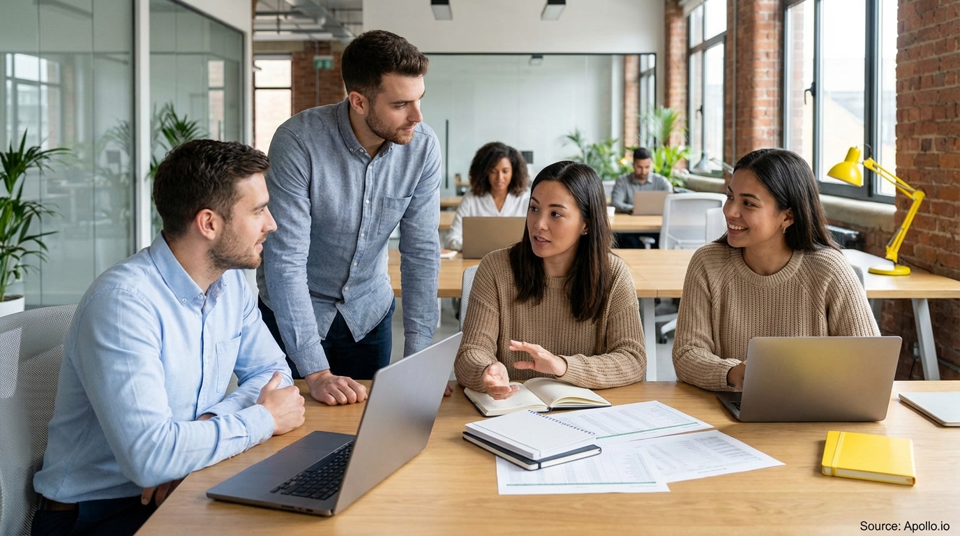 Five people work and discuss at wooden desks in a bright, modern office.