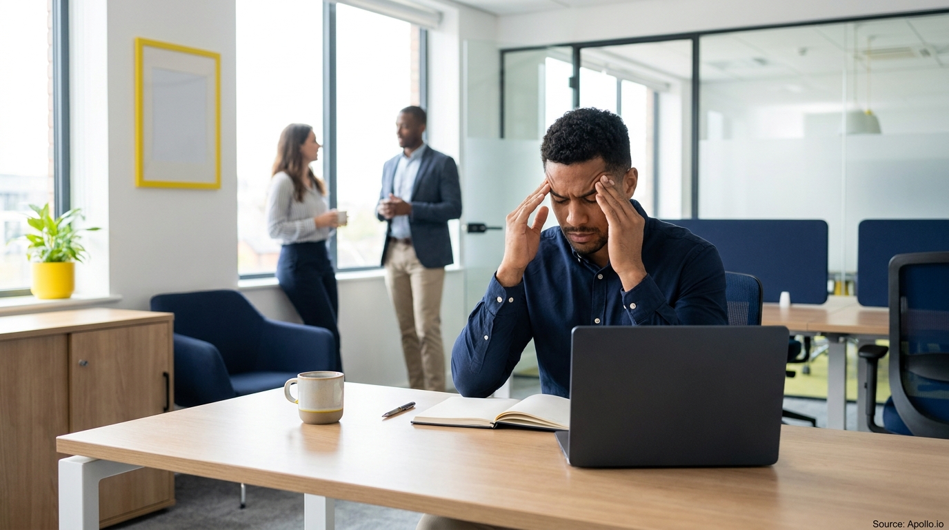 Stressed man at desk with laptop; two colleagues chat in a modern office.