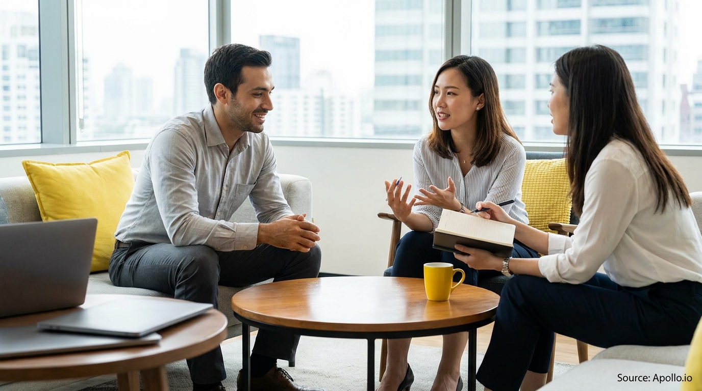 Two women and a man talking and taking notes in a bright office lounge.