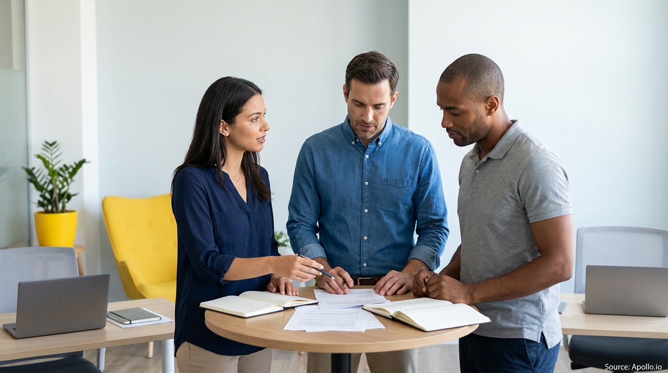 Three people discuss documents around a table in a bright modern office.