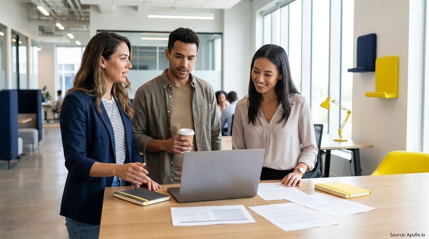 Three professionals review content on a laptop at an office desk.
