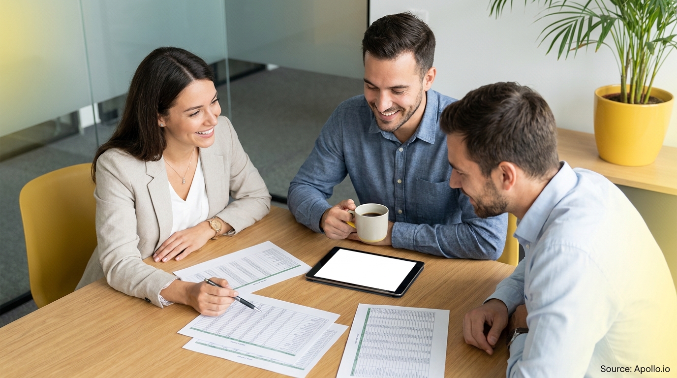 Three businesspeople analyze documents and a tablet, smiling and collaborating in an office.