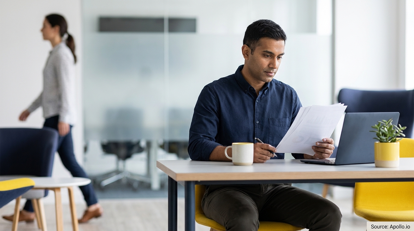Man reviews documents at a modern office desk while a woman walks in the background.