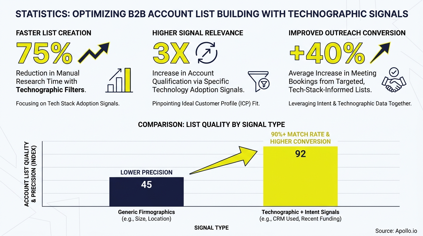 Infographic displays B2B list building statistics and a bar chart showing technographic signals improve quality.