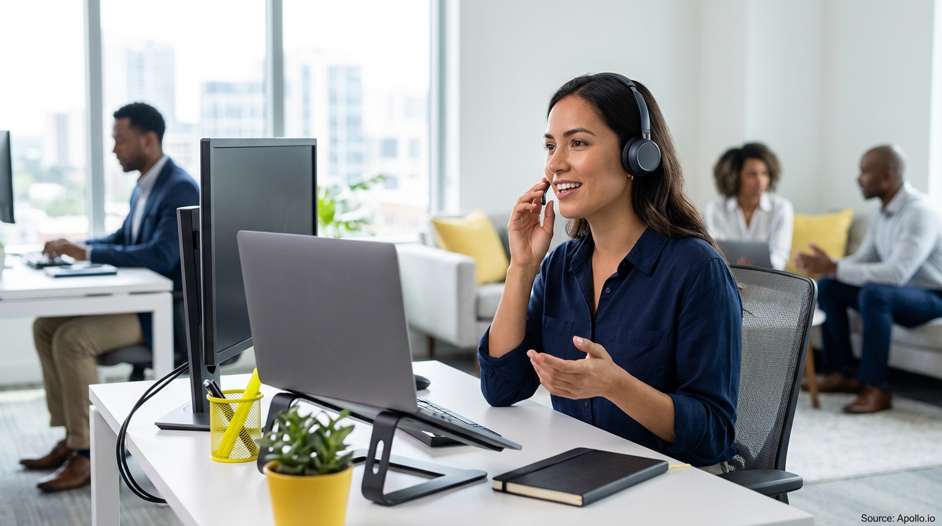 Four professionals communicating and working in a bright, modern office.