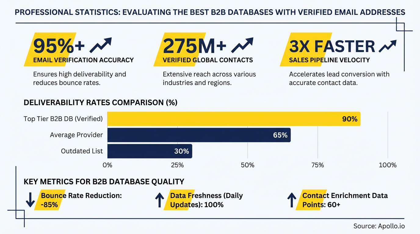 Infographic presenting B2B database statistics, including email deliverability rates and key quality metrics.