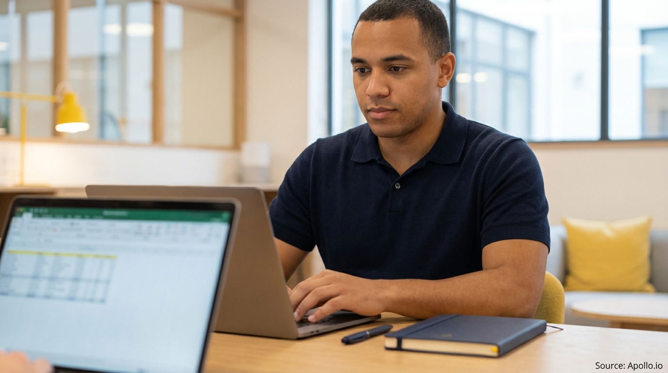 A man works at a laptop in a modern office, a spreadsheet visible on another screen.