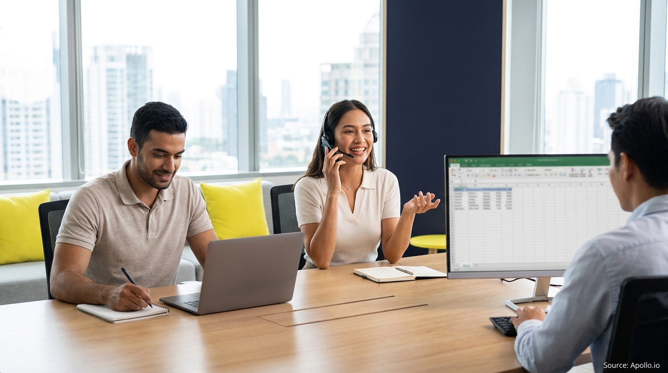 Three professionals work at a modern office table with laptops, a headset, and a monitor.