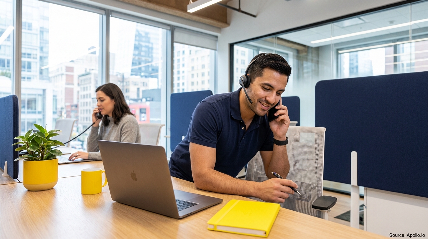 Two professionals making phone calls at their desks in a bright modern office.