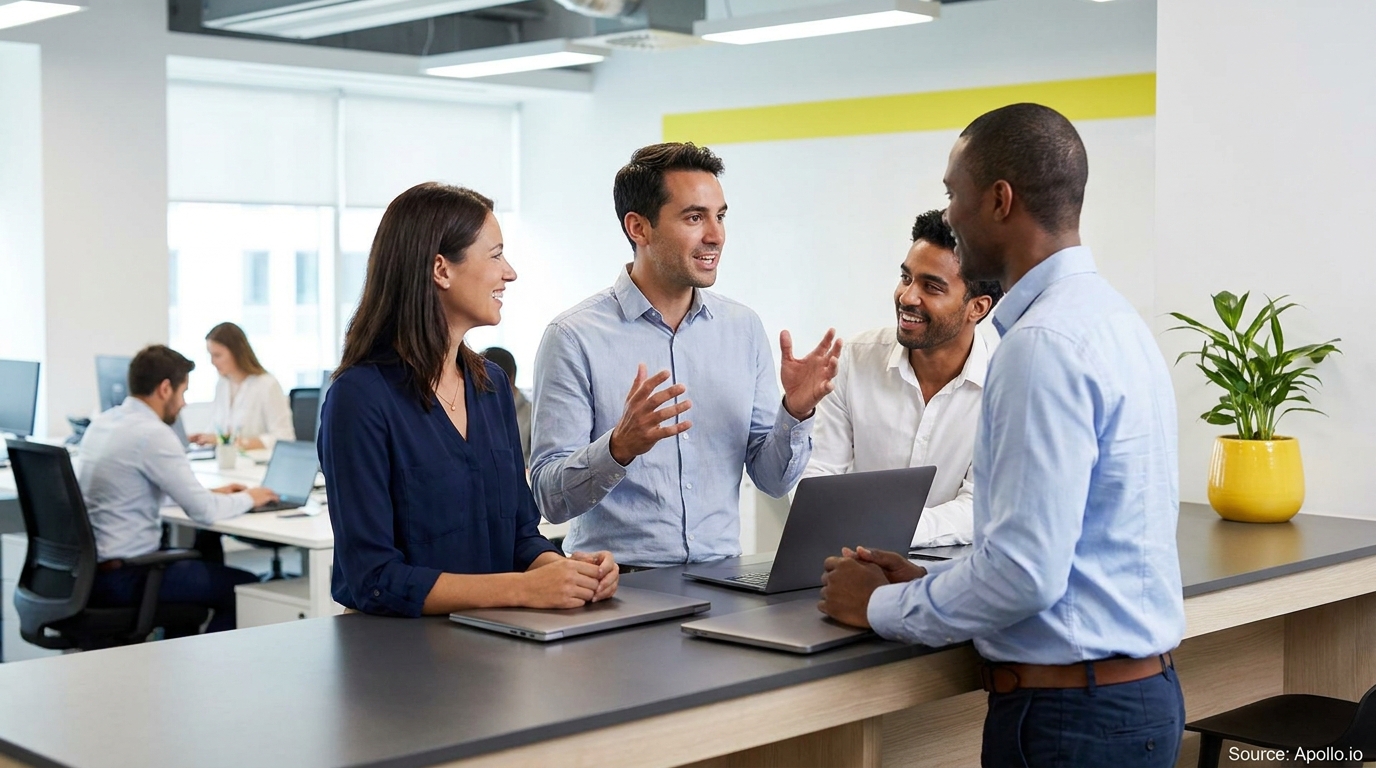 Four professionals collaborating at a modern office counter with laptops.