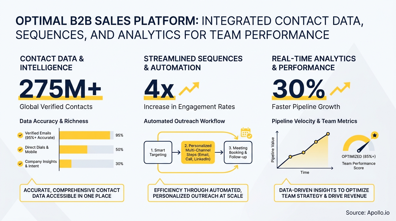 An infographic displaying B2B sales platform features: contact data, outreach workflow, and performance analytics charts.