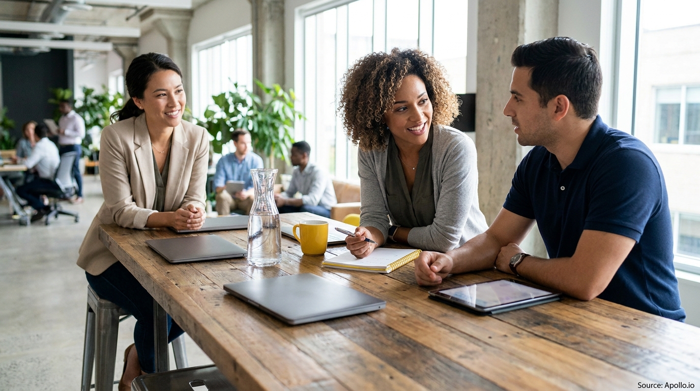 Three professionals discuss work at a wooden table in a bright, open office.