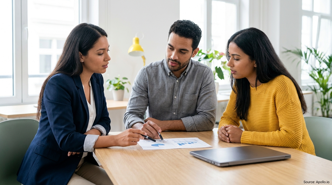Three professionals discuss charts and graphs at a wooden table in a bright office.