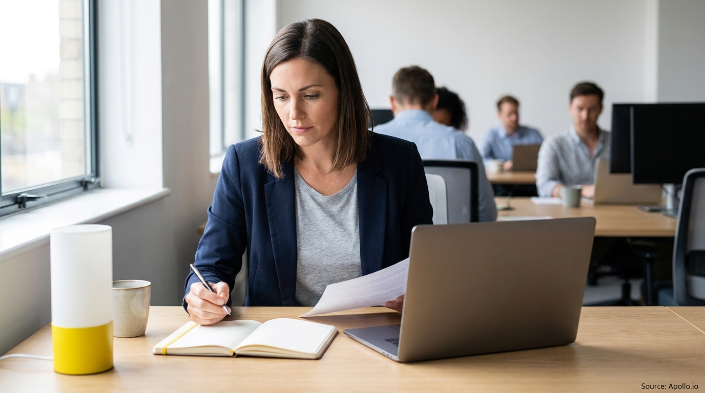 A woman writes in a notebook at her desk while others work in a modern open-plan office.