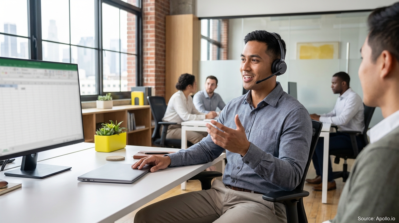 Man on headset communicates at desk in busy open office.