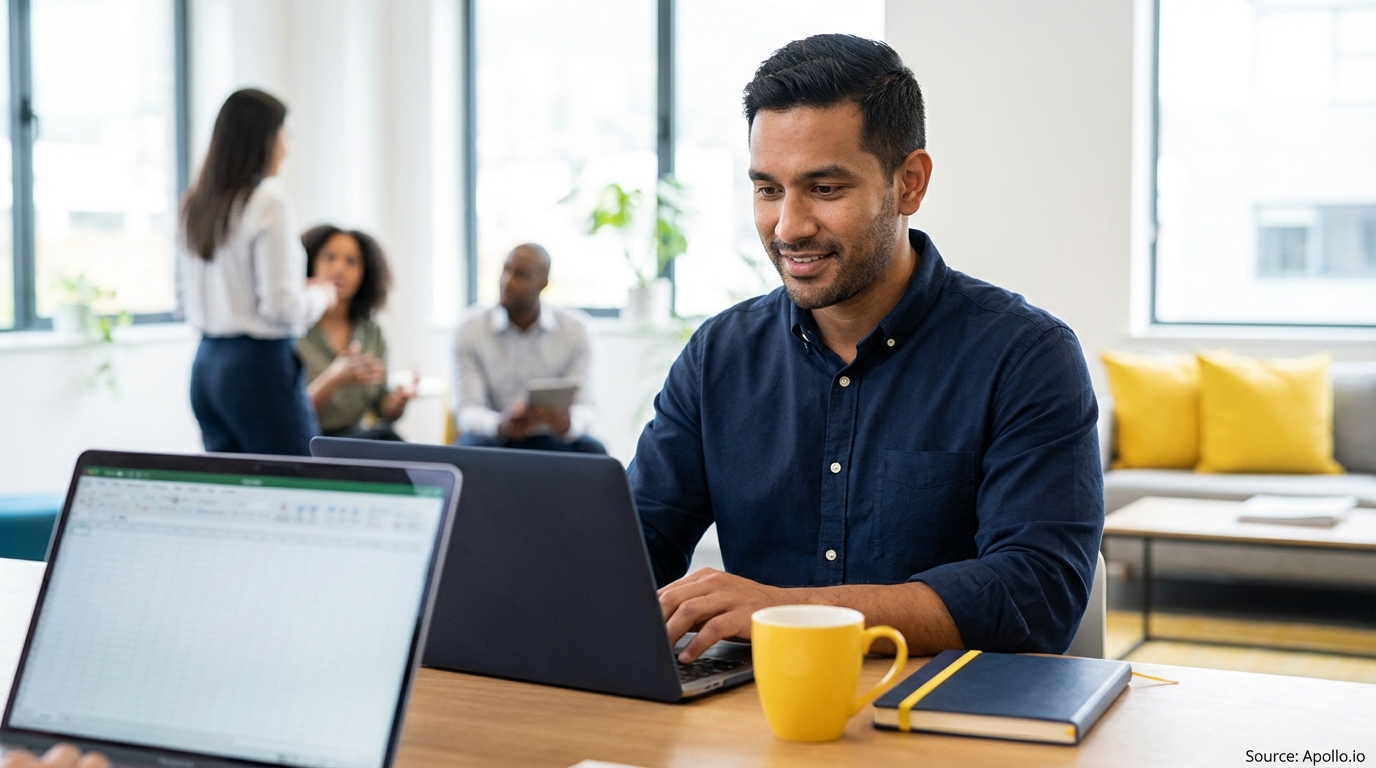 A man works on a laptop at a modern office desk while colleagues collaborate in the background.