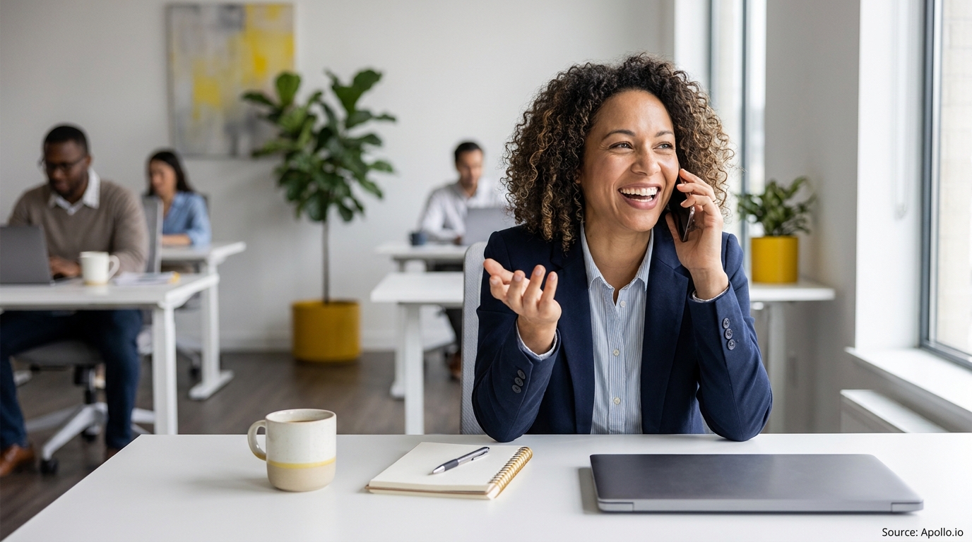 Smiling woman talks on phone at a modern office desk with colleagues working in the background.