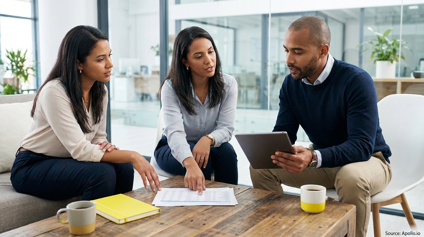 Three diverse professionals discuss documents and a tablet in a modern office lounge.