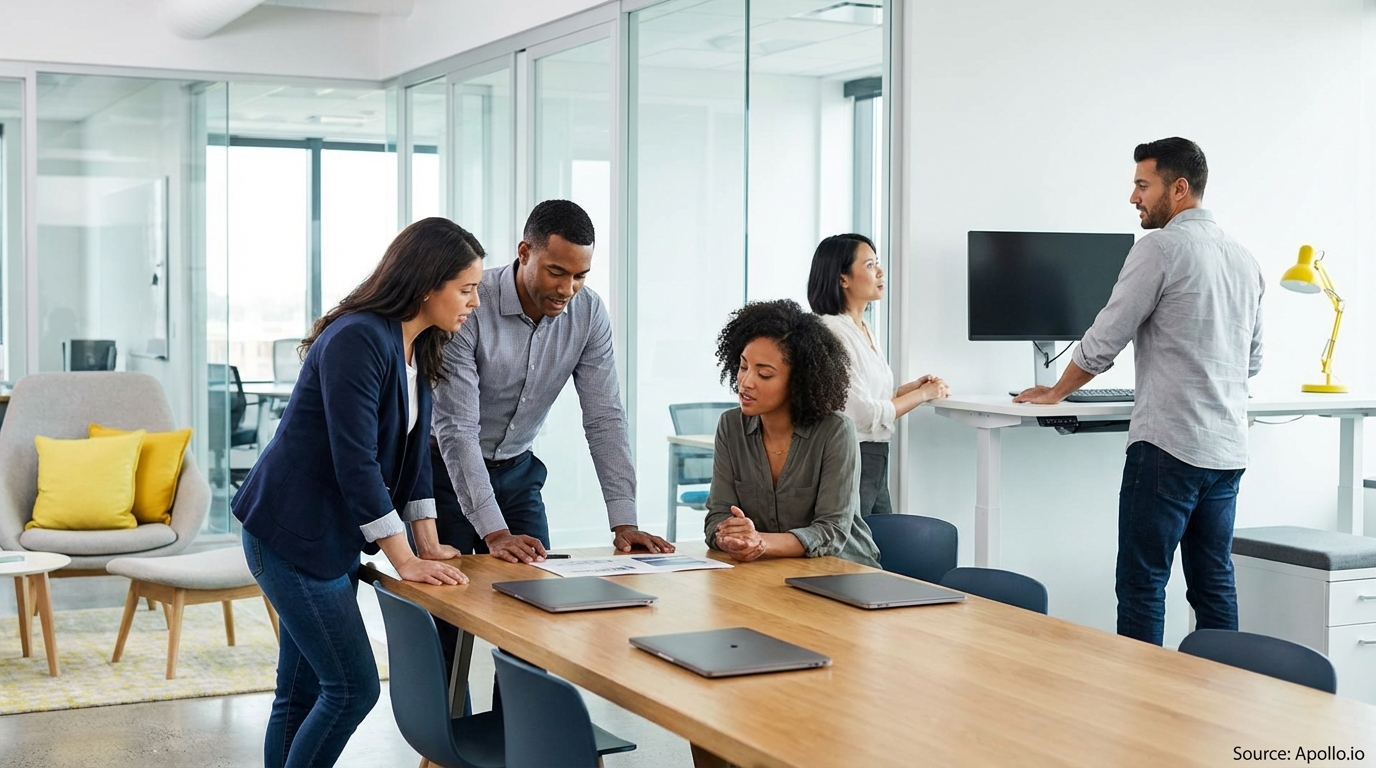 Sales team collaborating in a modern open-plan office optimizing CRM workflows